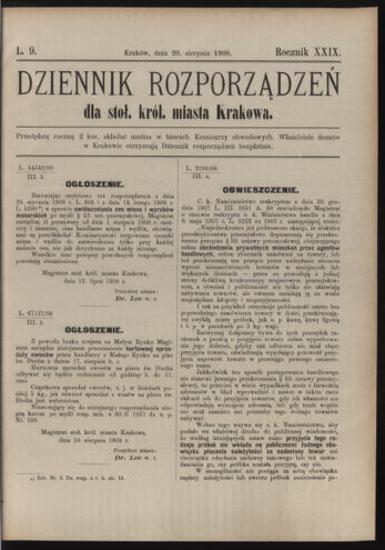 Dziennik rozporzaden dla stol. krol. m. Krakowa 19080820 Seite: 1