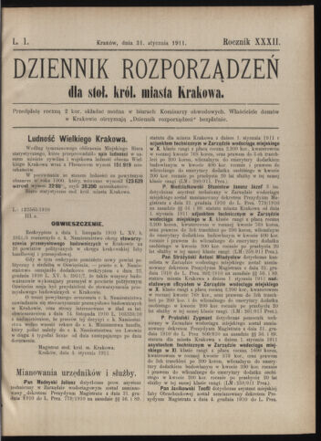 Dziennik rozporzaden dla stol. krol. m. Krakowa 19110131 Seite: 1