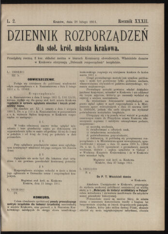 Dziennik rozporzaden dla stol. krol. m. Krakowa 19110228 Seite: 1