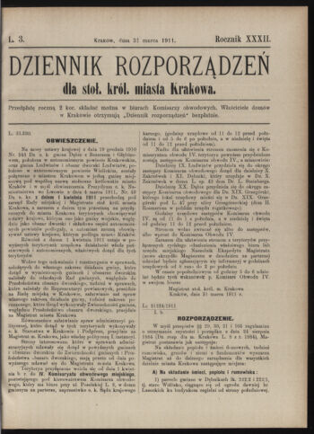 Dziennik rozporzaden dla stol. krol. m. Krakowa 19110331 Seite: 1