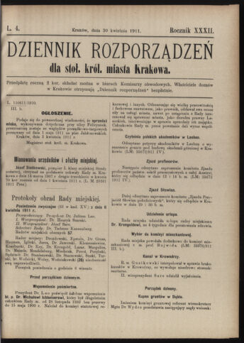 Dziennik rozporzaden dla stol. krol. m. Krakowa 19110430 Seite: 1