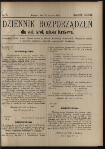 Dziennik rozporzaden dla stol. krol. m. Krakowa 19110630 Seite: 1