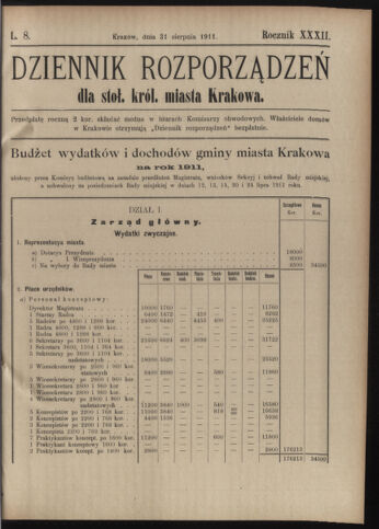 Dziennik rozporzaden dla stol. krol. m. Krakowa 19110831 Seite: 1