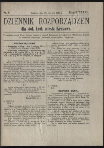 Dziennik rozporzaden dla stol. krol. m. Krakowa 19160630 Seite: 1