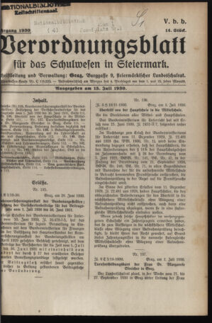 Verordnungsblatt für das Schulwesen in Steiermark 19300715 Seite: 1