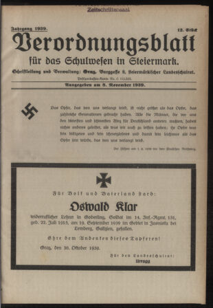 Verordnungsblatt für das Schulwesen in Steiermark 19391108 Seite: 1