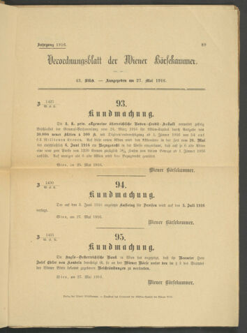 Verordnungsblatt der Wiener Börsekammer 19160527 Seite: 1