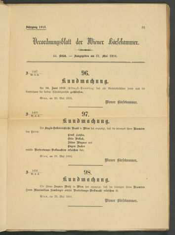 Verordnungsblatt der Wiener Börsekammer 19160531 Seite: 1