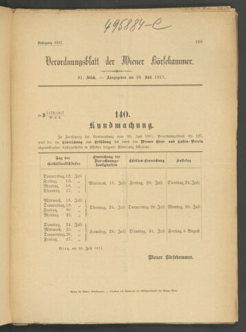 Verordnungsblatt der Wiener Börsekammer 19170710 Seite: 1