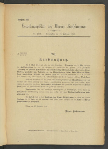 Verordnungsblatt der Wiener Börsekammer 19180219 Seite: 1