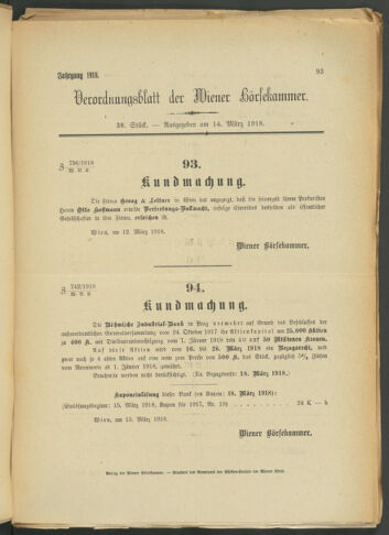 Verordnungsblatt der Wiener Börsekammer 19180314 Seite: 1