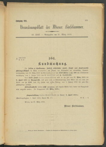 Verordnungsblatt der Wiener Börsekammer 19180327 Seite: 1