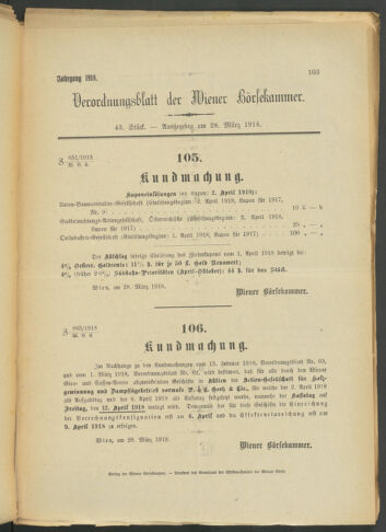 Verordnungsblatt der Wiener Börsekammer 19180328 Seite: 1