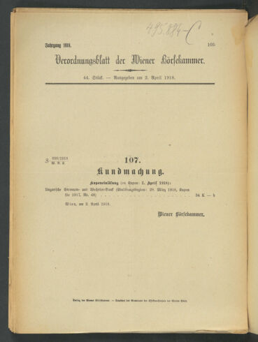 Verordnungsblatt der Wiener Börsekammer 19180402 Seite: 1