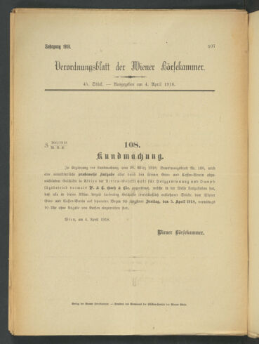 Verordnungsblatt der Wiener Börsekammer 19180404 Seite: 1