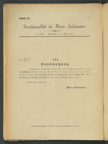 Verordnungsblatt der Wiener Börsekammer 19180405 Seite: 1