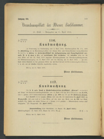 Verordnungsblatt der Wiener Börsekammer 19180411 Seite: 1