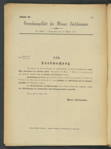 Verordnungsblatt der Wiener Börsekammer 19180415 Seite: 1