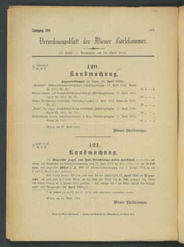 Verordnungsblatt der Wiener Börsekammer 19180418 Seite: 1