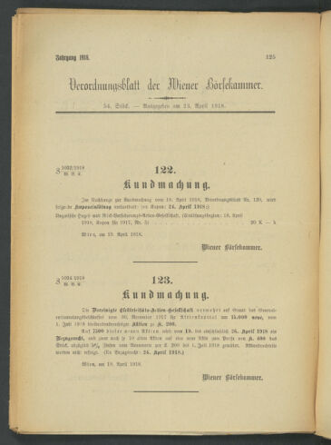 Verordnungsblatt der Wiener Börsekammer 19180423 Seite: 1