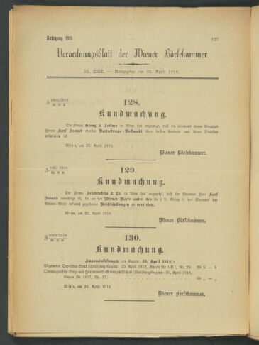 Verordnungsblatt der Wiener Börsekammer 19180426 Seite: 1