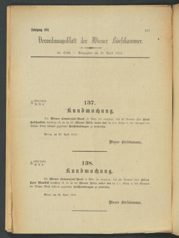 Verordnungsblatt der Wiener Börsekammer 19180430 Seite: 1