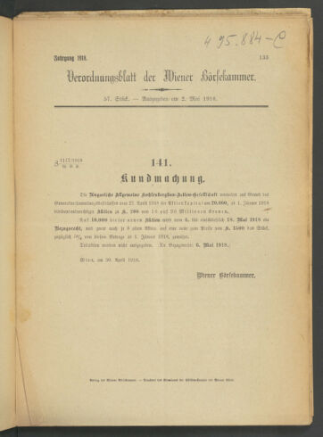 Verordnungsblatt der Wiener Börsekammer 19180502 Seite: 1