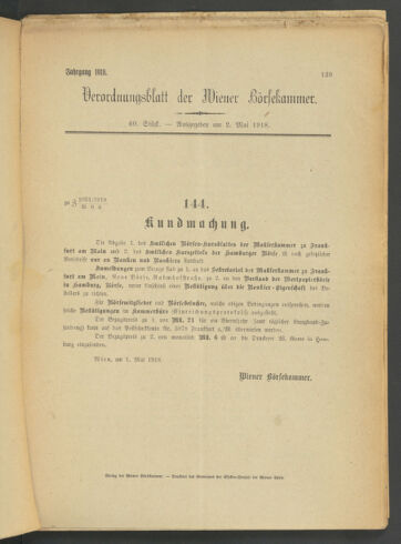 Verordnungsblatt der Wiener Börsekammer 19180502 Seite: 7