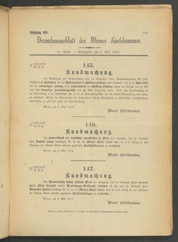 Verordnungsblatt der Wiener Börsekammer 19180506 Seite: 1