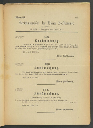 Verordnungsblatt der Wiener Börsekammer 19180508 Seite: 1