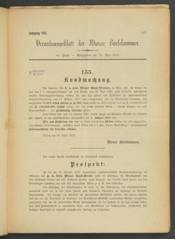 Verordnungsblatt der Wiener Börsekammer 19180513 Seite: 1