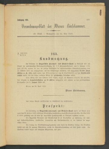 Verordnungsblatt der Wiener Börsekammer 19180515 Seite: 1