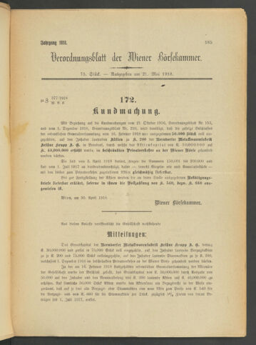 Verordnungsblatt der Wiener Börsekammer 19180521 Seite: 1