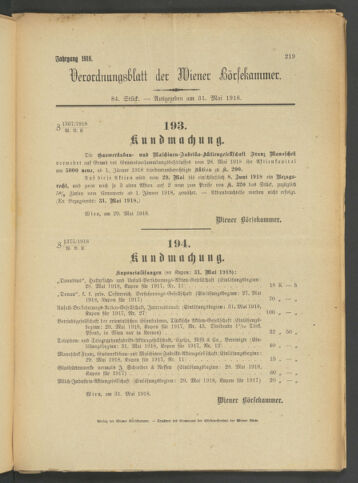 Verordnungsblatt der Wiener Börsekammer 19180531 Seite: 13