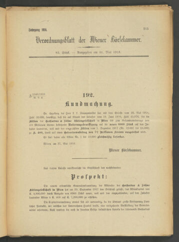 Verordnungsblatt der Wiener Börsekammer 19180531 Seite: 9