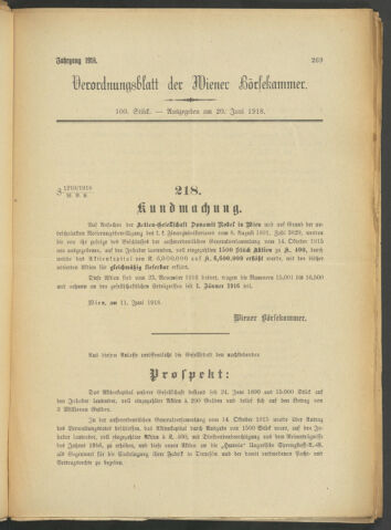 Verordnungsblatt der Wiener Börsekammer 19180620 Seite: 1