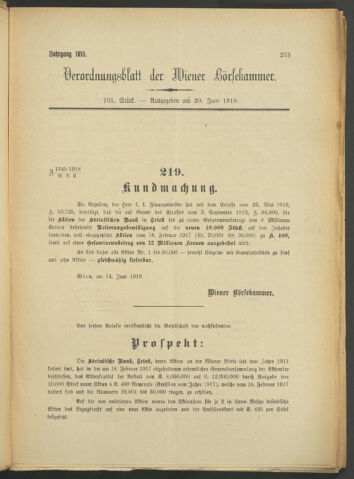 Verordnungsblatt der Wiener Börsekammer 19180620 Seite: 5