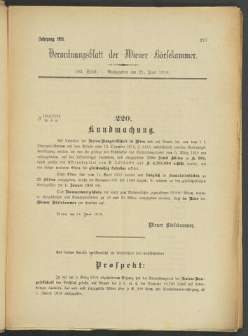 Verordnungsblatt der Wiener Börsekammer 19180621 Seite: 1