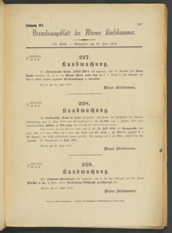 Verordnungsblatt der Wiener Börsekammer 19180628 Seite: 1