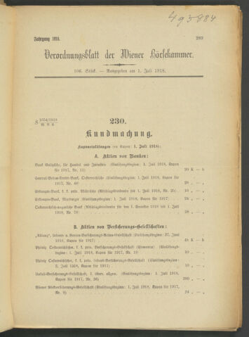 Verordnungsblatt der Wiener Börsekammer 19180701 Seite: 1