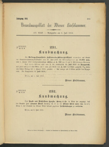 Verordnungsblatt der Wiener Börsekammer 19180703 Seite: 1