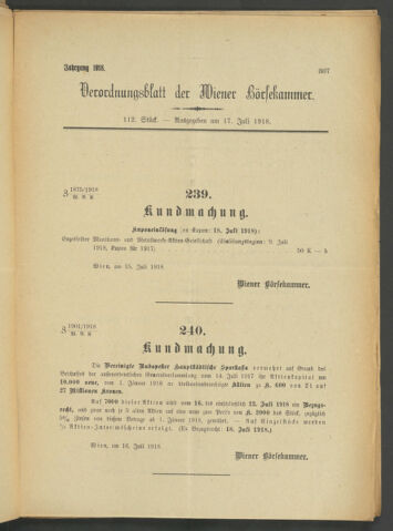 Verordnungsblatt der Wiener Börsekammer 19180717 Seite: 1