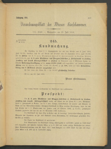 Verordnungsblatt der Wiener Börsekammer 19180719 Seite: 1