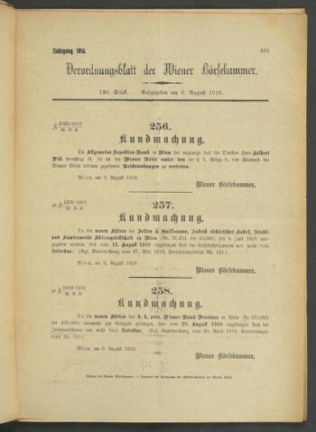 Verordnungsblatt der Wiener Börsekammer 19180806 Seite: 1