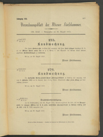 Verordnungsblatt der Wiener Börsekammer 19180826 Seite: 1