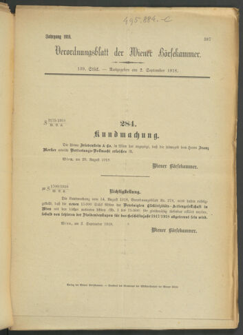 Verordnungsblatt der Wiener Börsekammer 19180902 Seite: 1