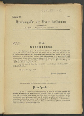 Verordnungsblatt der Wiener Börsekammer 19180903 Seite: 1