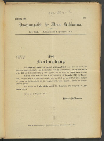 Verordnungsblatt der Wiener Börsekammer 19180904 Seite: 1