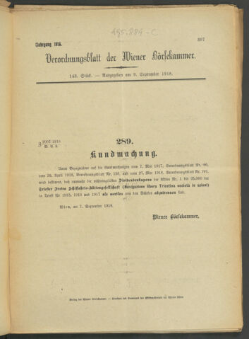 Verordnungsblatt der Wiener Börsekammer 19180909 Seite: 1