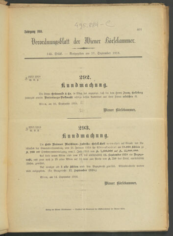 Verordnungsblatt der Wiener Börsekammer 19180917 Seite: 1